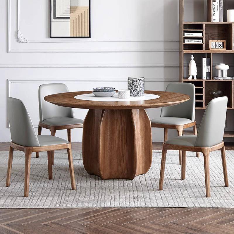北欧实木岩板圆形餐桌椅组合简约现代饭桌家用内嵌式转盘大圆桌子