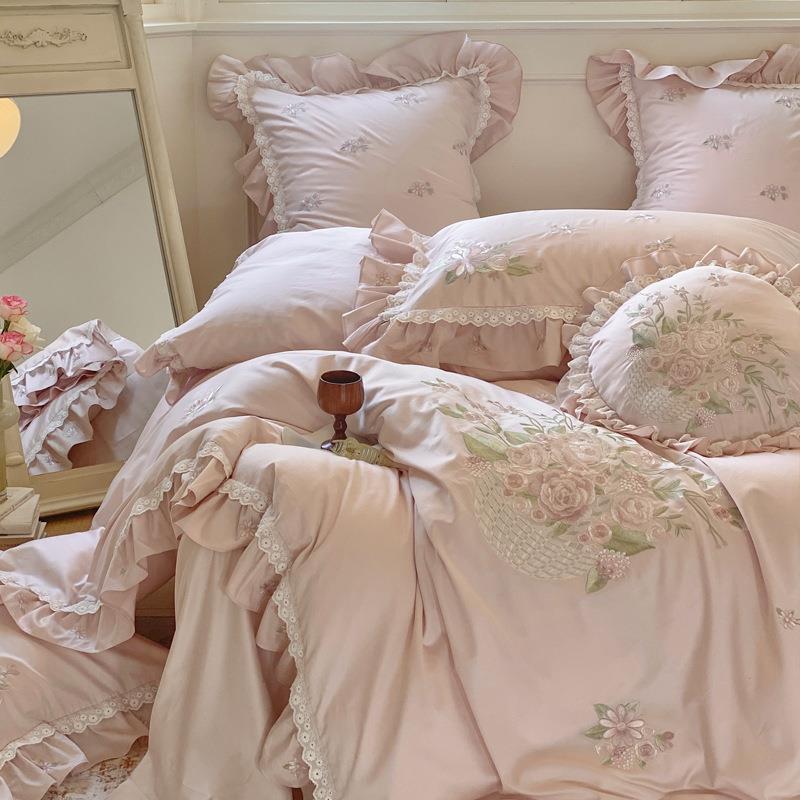 高端公主风100匹马棉蕾丝刺绣贡缎全棉四件套四季亲肤丝滑床品