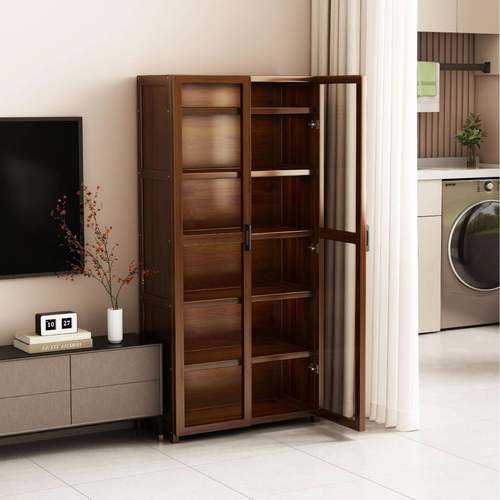 竹山下简易落地书柜带柜门客厅收纳新款书架落地家用多层放书本架