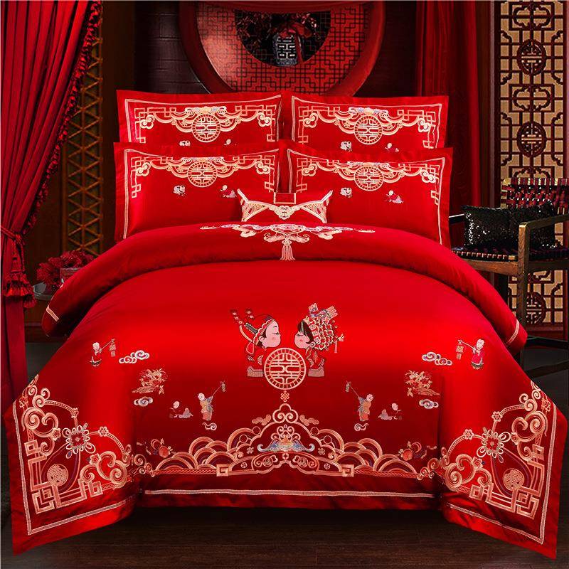 2022爆款140支长绒棉婚庆四件套床上用品全棉多件套中式刺绣被套