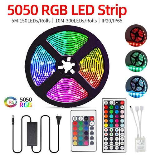 英文版5050RGB七彩LED灯带24/44键控制器12V低压滴胶防水软灯条