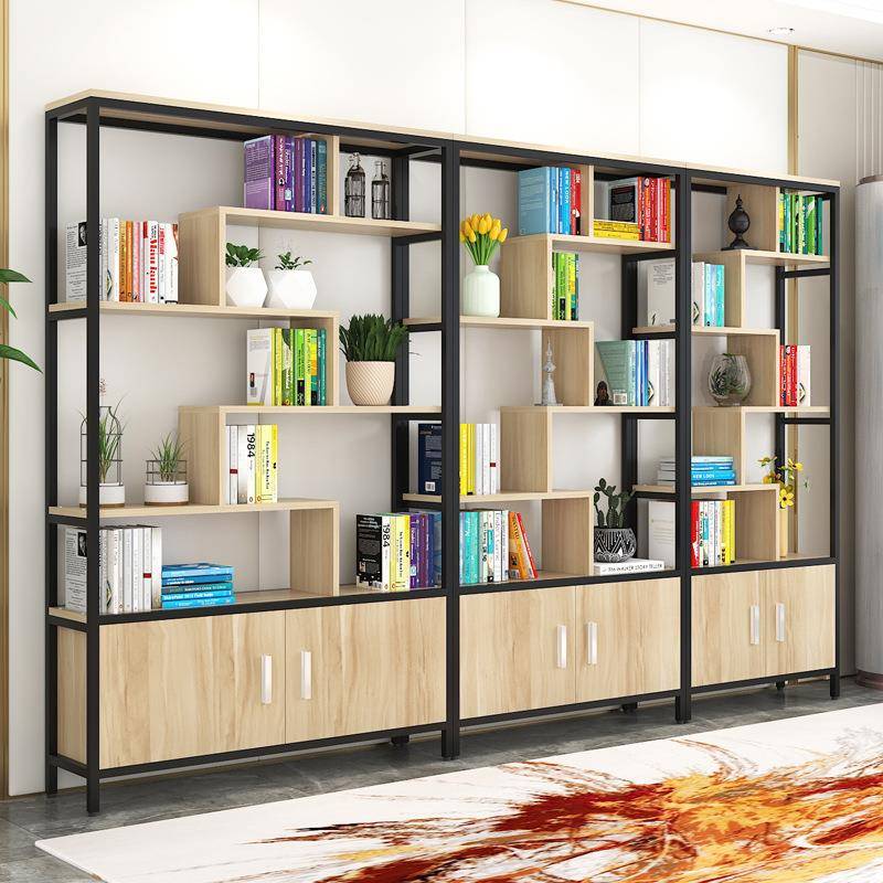 钢木落地书柜展示柜多层办公室置物架书房收纳架子隔断简易储物架