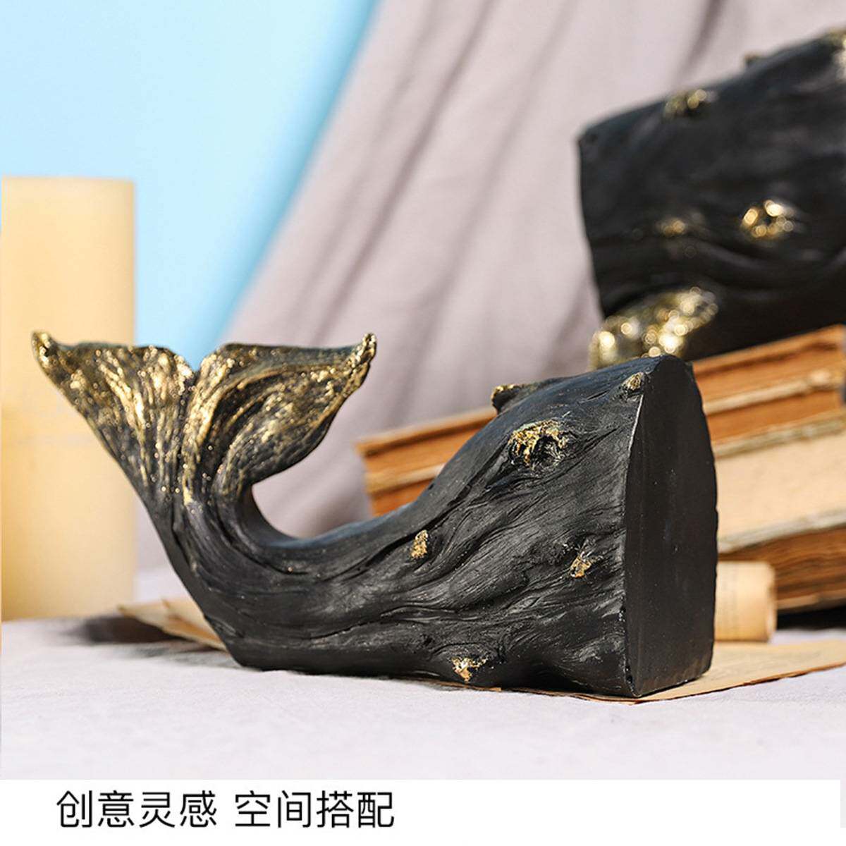 跨境黑鲸鱼书档动物摆件创意书靠客厅玄关书房装饰书靠树脂工艺品