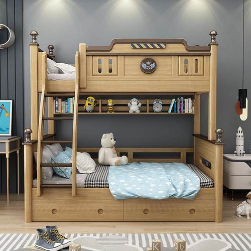 美全式实木上下铺双层鹅床掌楸儿童高低016床木高箱子母床