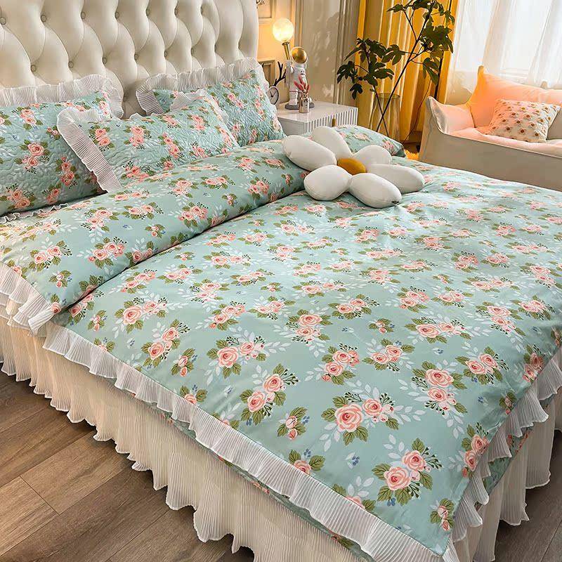 韩版公主风纯棉床床单盖QXQ四件套加厚绗缝单件床裙炕单季四通用