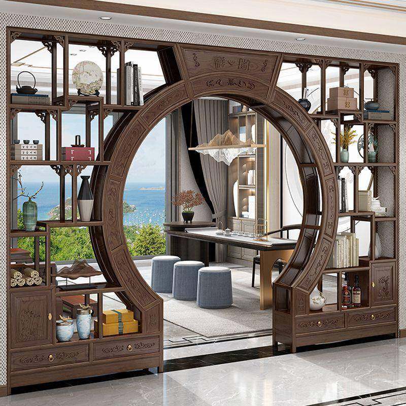 新中式实木客厅月洞门博古架拱门隔断月亮门镂空仿古弧形圆门