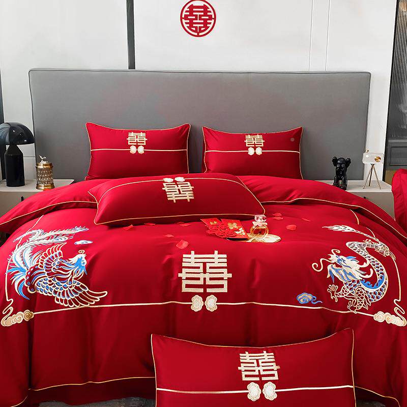 式刺绣婚婚庆套四件大红色床单被套纯棉B564596F陪嫁中结床上雁冰