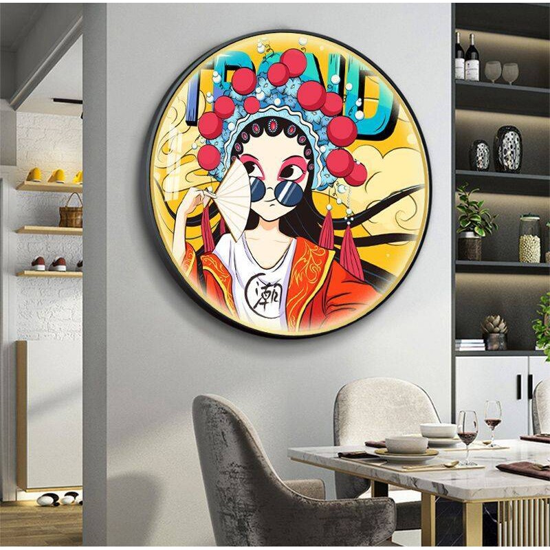 国潮人物挂画中国风餐厅墙画中式京剧花旦带灯壁画圆形脸谱装饰画