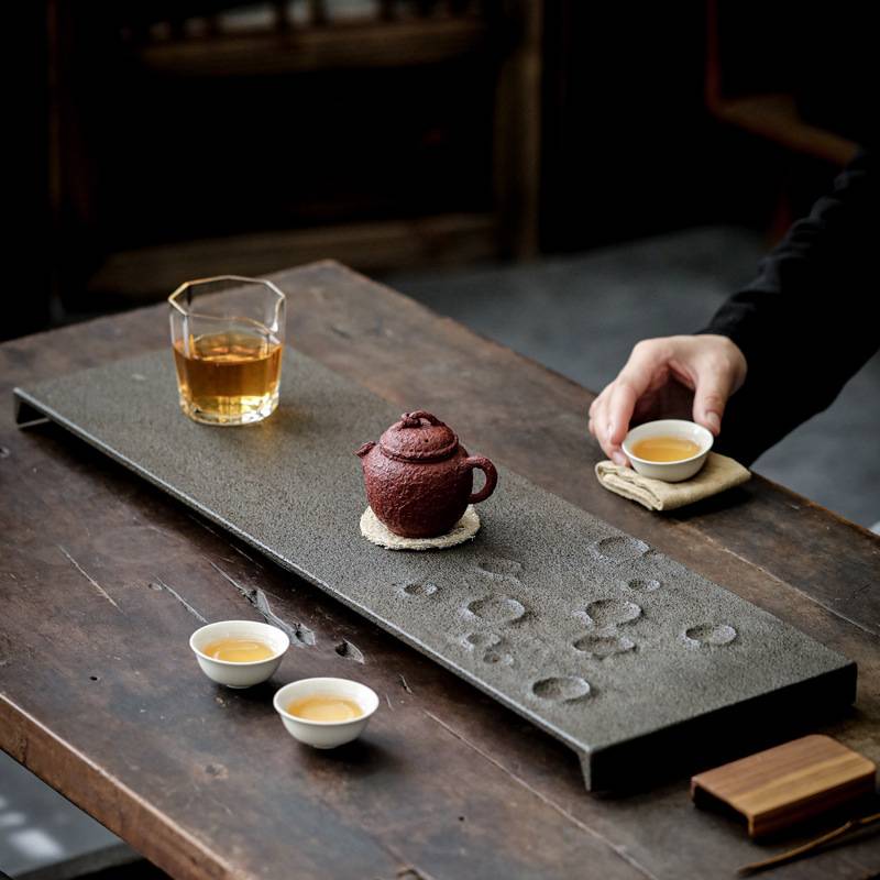 玄武岩天然石材茶盘整块干泡盘手工石头托盘长方形创意茶道配件