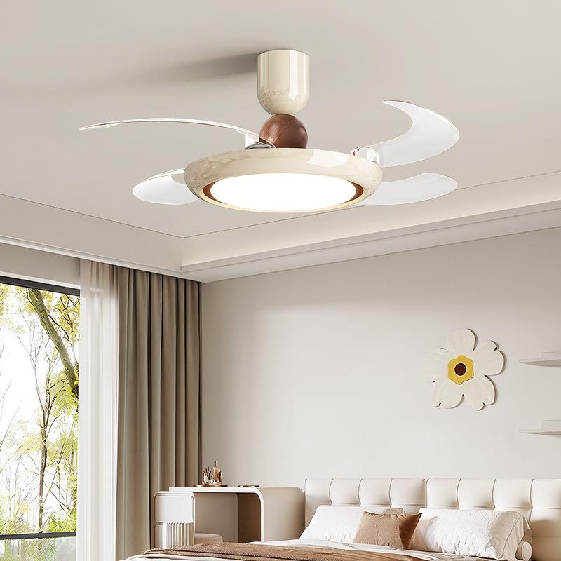 全光谱餐厅风扇灯胡桃木色中古奶油风吊扇灯卧室灯静音电扇一体灯