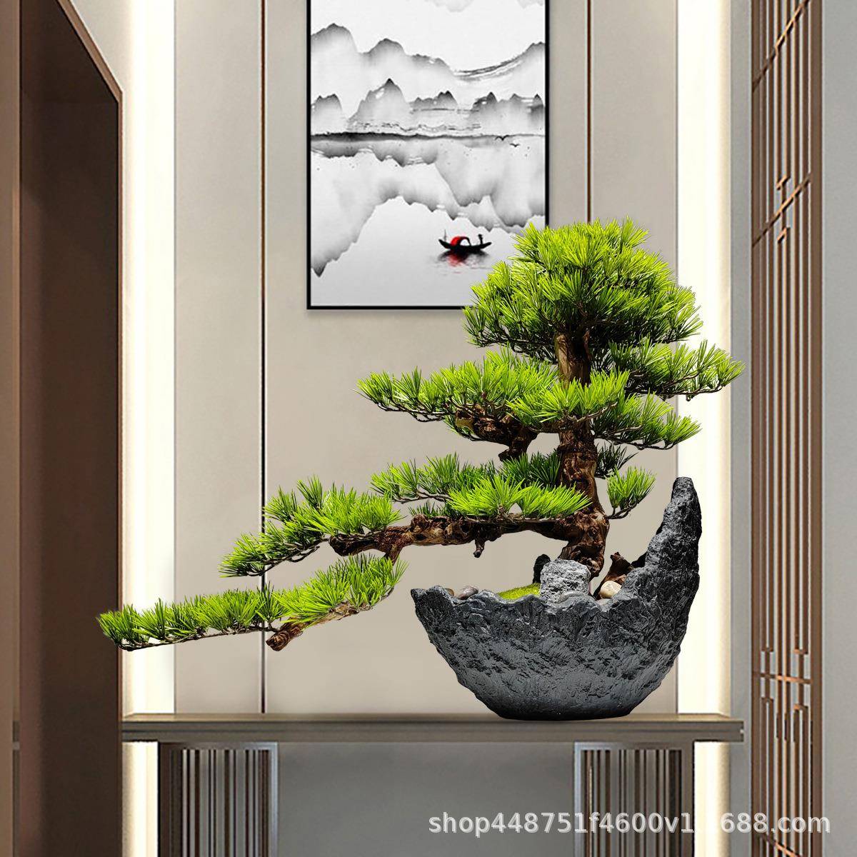 盆仿真迎客松景新中式玄关客厅办公室假摆件绿植酒店664软树装造