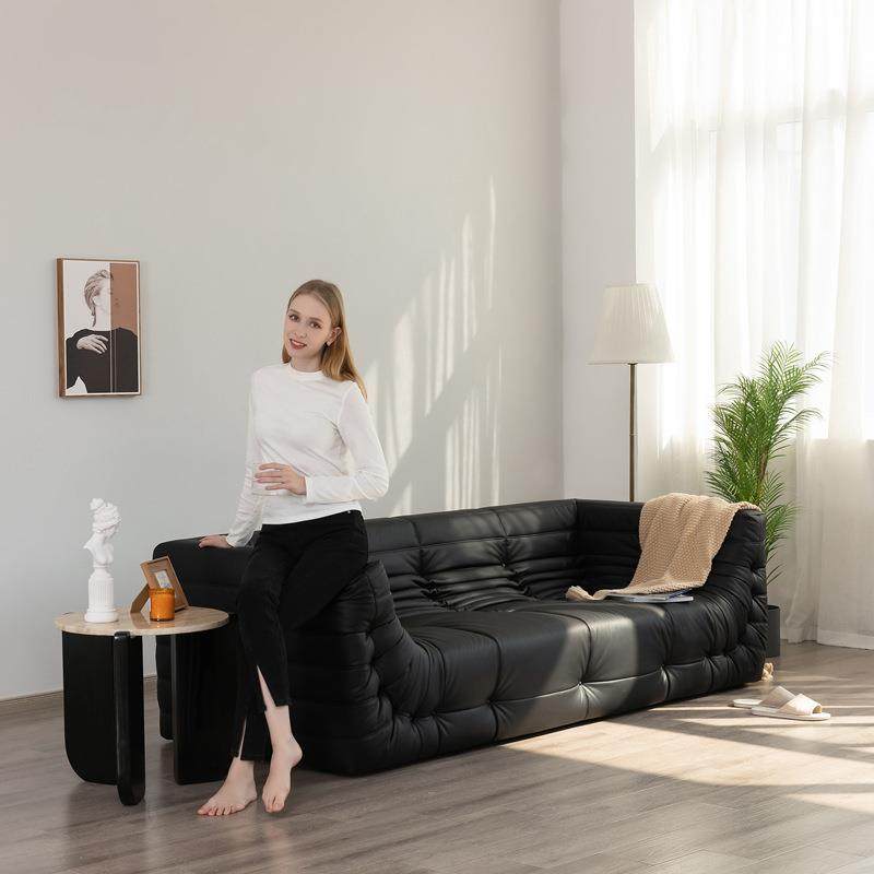 意式togo毛毛虫三人黑色复古懒人落地防水耐猫抓双人皮沙发