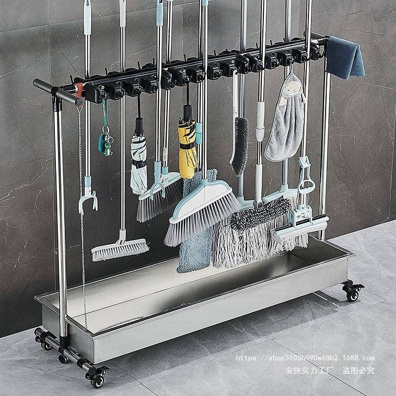 不锈钢移动拖把架落地挂扫把扫帚置物架阳台放清洁工具收纳沥水池