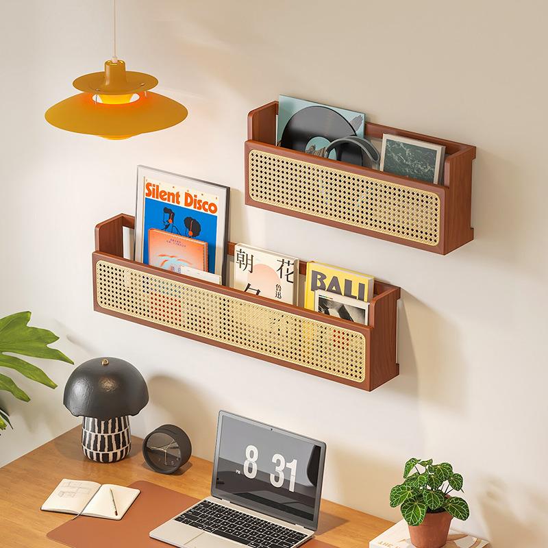 藤编书报架实木置物架书房走廊墙上杂志绘本墙面陈列展示架收纳架