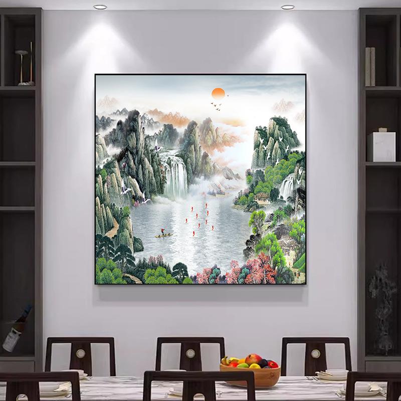 聚宝盆山水画玄关客厅挂画正方形鱼图风水招财八方聚财装饰画