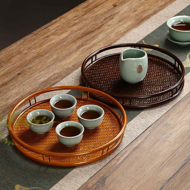 竹编茶盘家用圆形茶台日式竹制托盘干泡台端奉茶盘复古茶具收纳盘