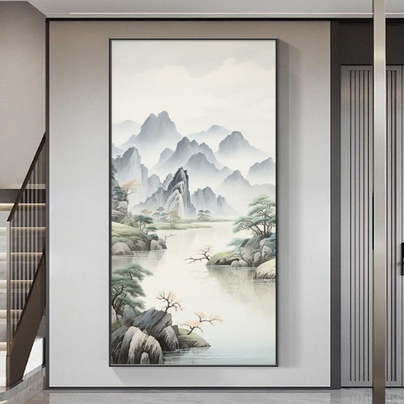 新中式入户正对门玄关装饰画喷绘山水国画竖版挂画走廊过道墙壁画
