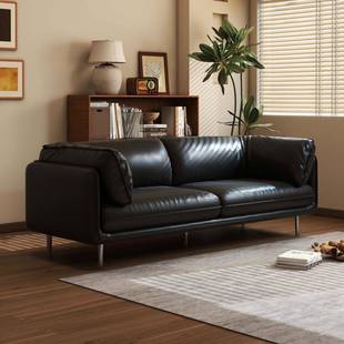 沙发意式 中古风皮面 极简复古油蜡皮艺沙发客厅小户型直排黑色美式