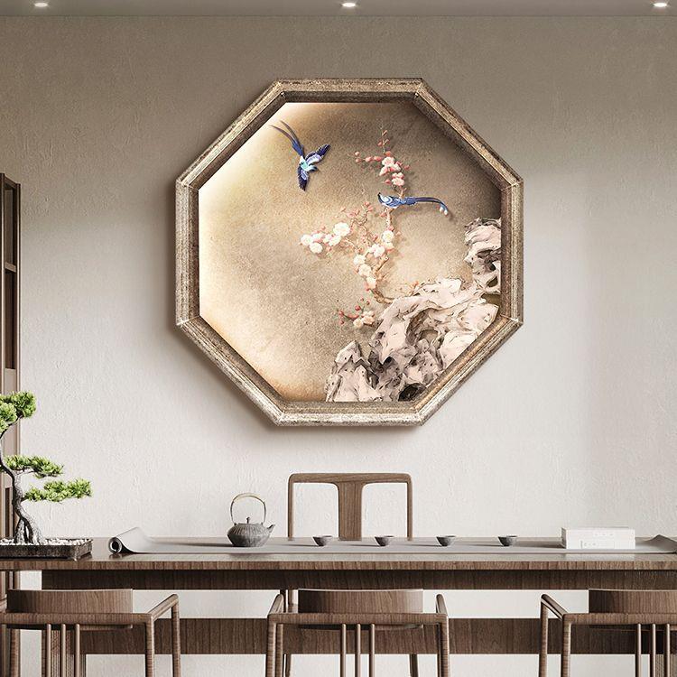 喜鹊报喜入户玄关装饰画梅花形假窗户景茶室挂画新中式走廊壁画灯