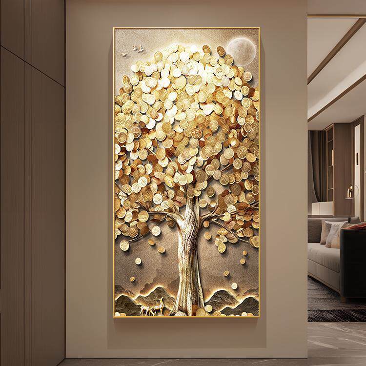 发财树玄关装饰画现代轻奢过道走廊尽头挂画竖版入户正对门墙壁画