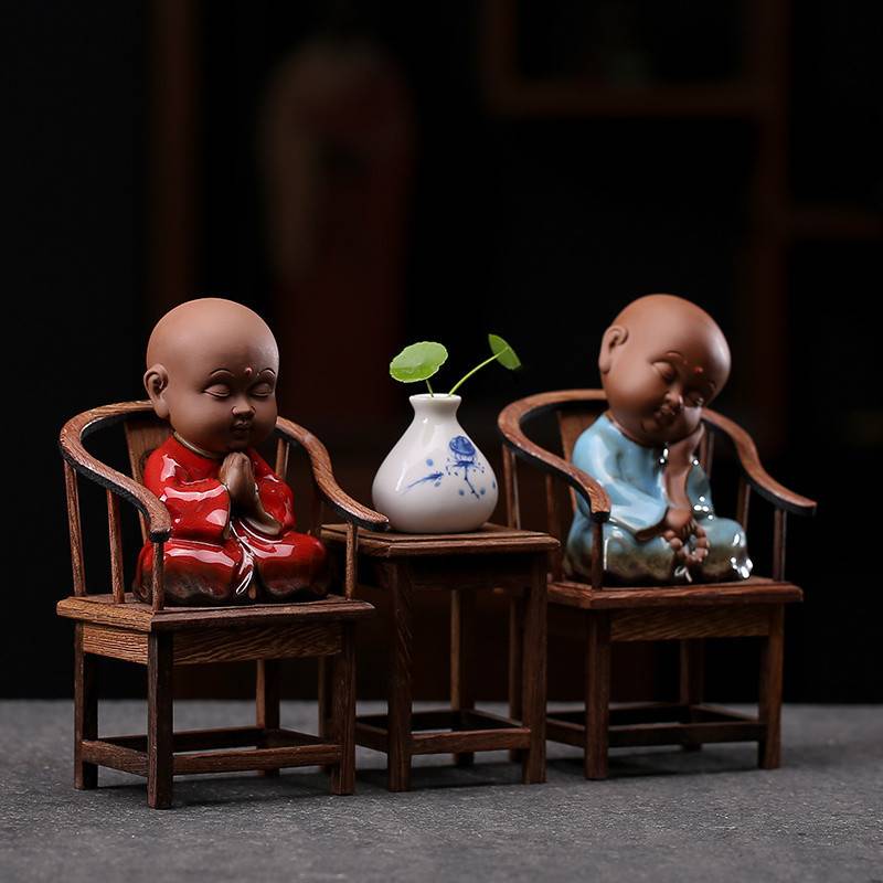 中式禅意个性小和尚家居装饰工艺品摆件茶道茶桌茶玩茶宠套装摆∑