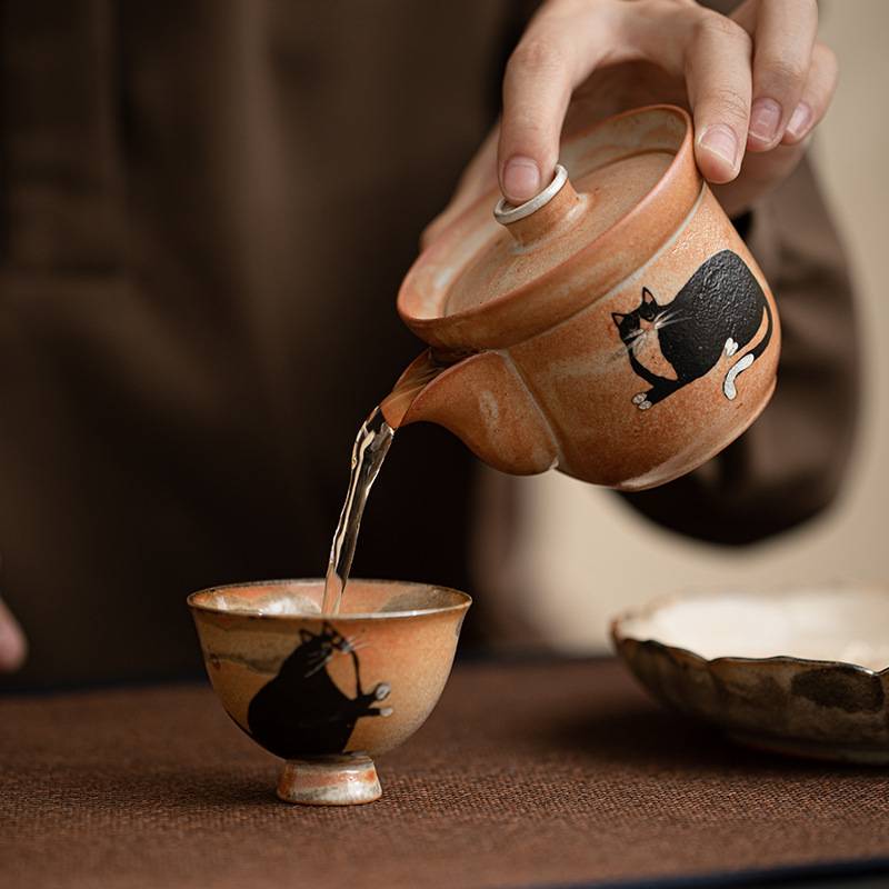 手绘日式志野猫双际手抓壶防烫复古茶壶家用泡茶器单壶开片可养