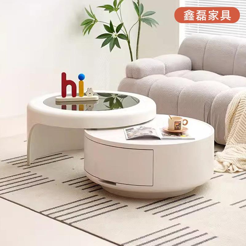 家用奶油风简约茶几可旋转带抽屉圆形茶几组合大小圆玻璃镜面茶几