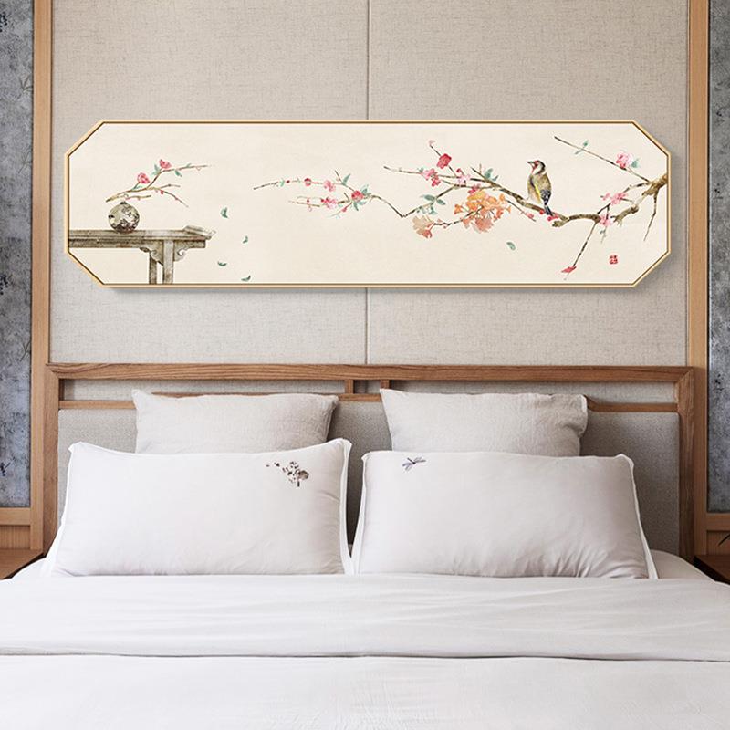 花辰月夕新中式卧室床头装饰画八边形雅致花鸟壁画日式民宿挂画