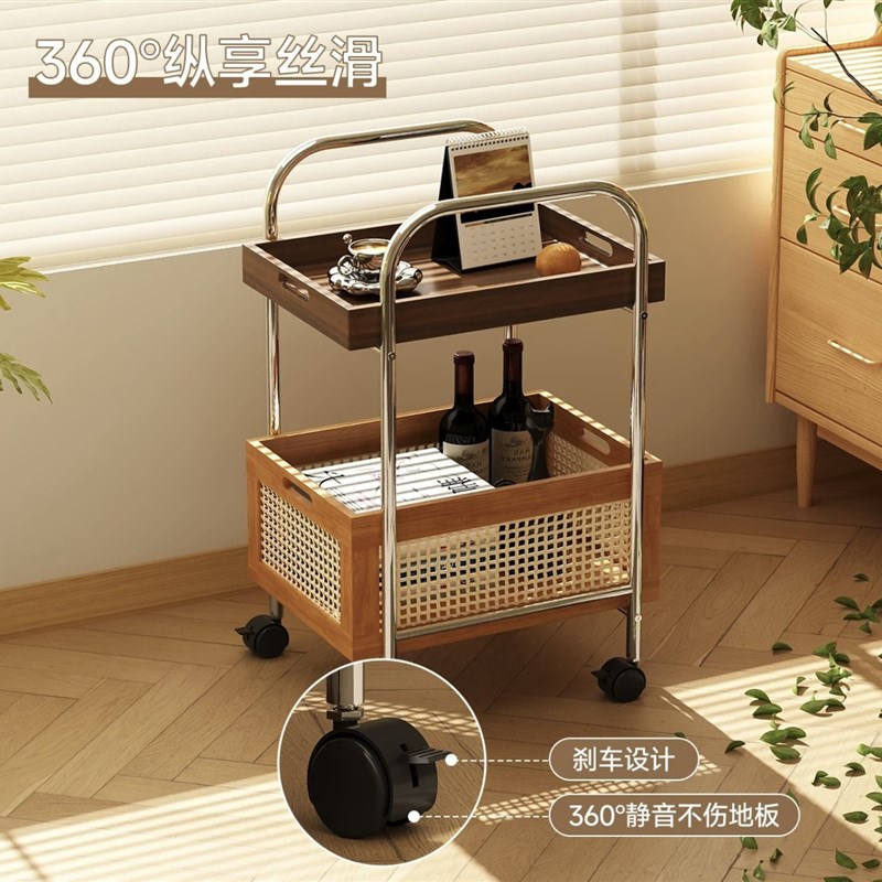 小推车中古边几实木客厅沙发边柜B置物柜高级可移动茶水架角几藤