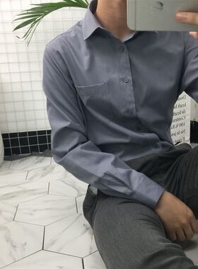 韩版修身长袖方领衬衫男纯色休闲商务复古大尺码男生衬衫潮