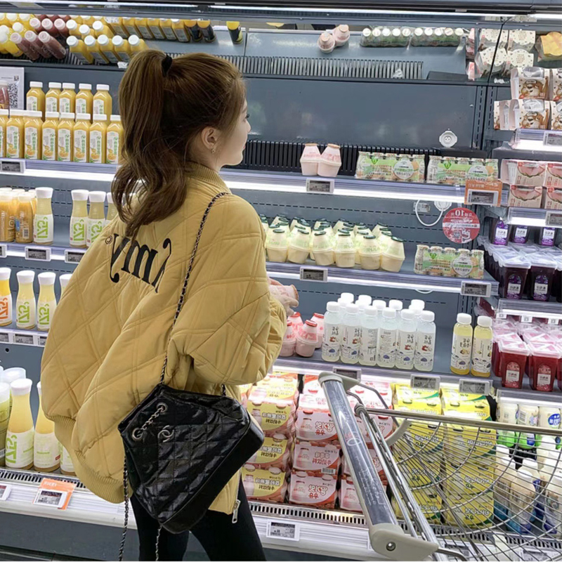 菱形格轻薄棉服女短款小个子港风潮流棒球服2023秋冬新款铺棉外套