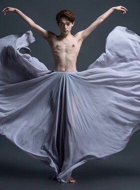 灰色男生720度大摆裙舞蹈练功半身裙雪纺民族舞成人写真表演长裙