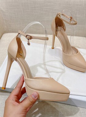 包头凉鞋真皮e防水台尖头高跟鞋一字扣带细跟不累脚小码女鞋31323