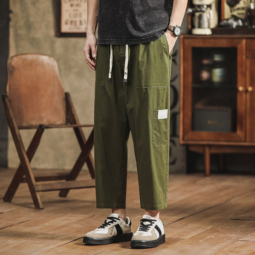日系潮牌工装八分裤男2024夏季新款纯棉九分大码抽绳运动休闲裤子