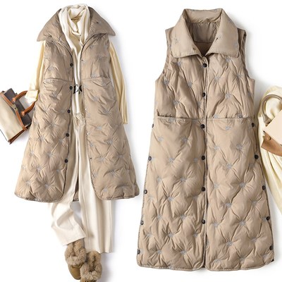 轻薄羽绒服马甲女款中长款外穿绣花韩版背心立领过膝宽松妈妈装