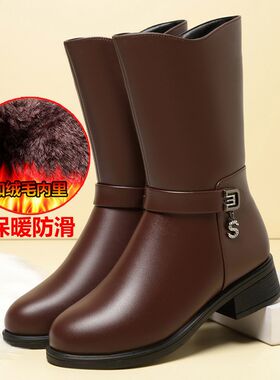 妈妈棉鞋中筒靴i真皮防滑保暖软底棉皮鞋粗跟中老年女鞋中跟棉靴