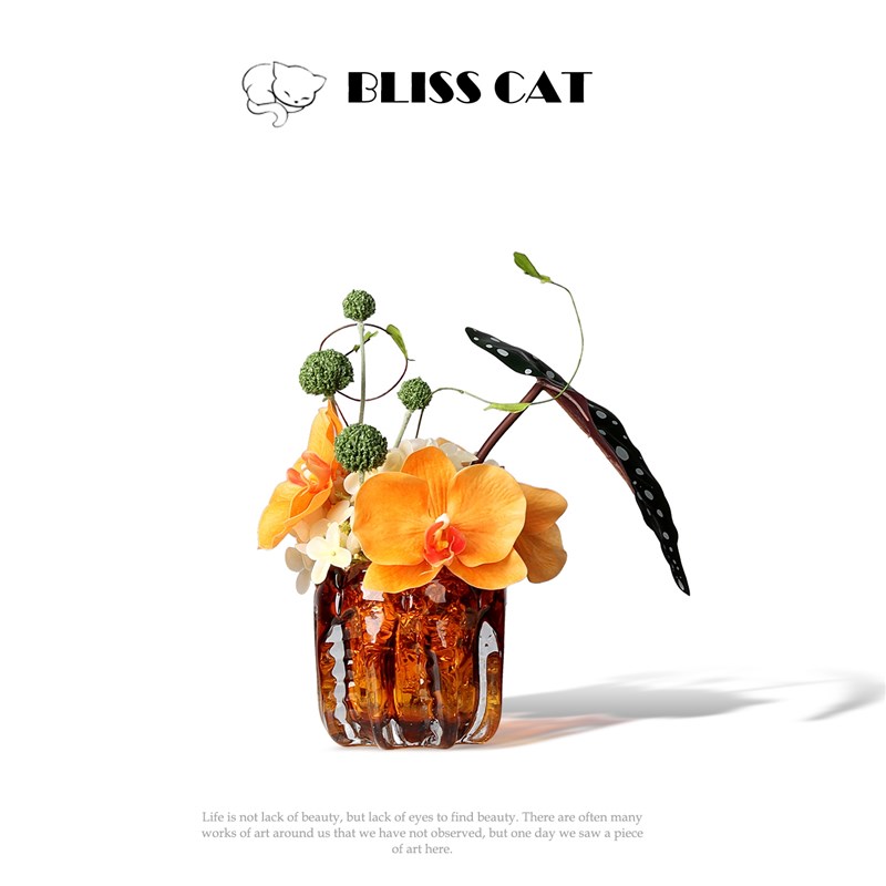 现代轻奢琥珀色玻璃小花瓶插花客C厅茶几洽谈桌小桌花软装花艺摆