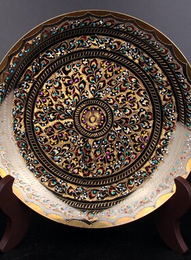 巴基斯坦铜器精雕彩点挂盘手工制作中国风铜盘R子摆设古典铜制摆