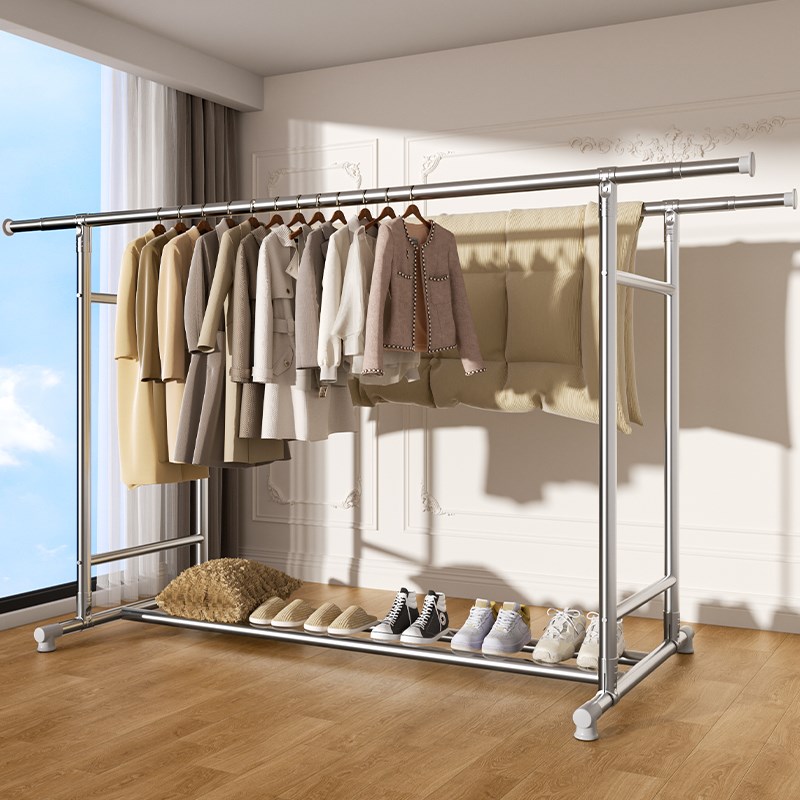 不锈钢晾衣架落地家用室内阳台伸缩挂衣服架子卧室晒衣杆晒被神器