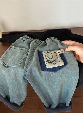 男童加绒牛仔裤纯色秋冬款宝宝加厚裤子保暖儿童长裤卡通宽松女童