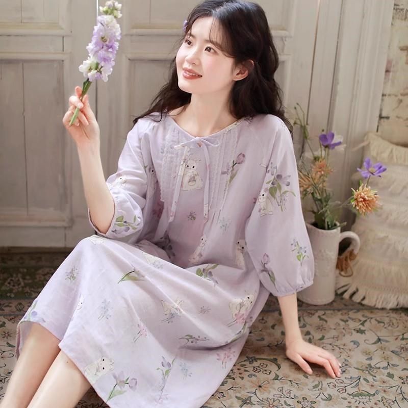 睡裙女款2025新款梭织棉宽松可外穿夏季女士夏天薄款七分袖睡衣裙