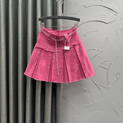 玫红色高腰牛仔短裙女减龄夏天新款网红小个子百搭A字百褶半身裙