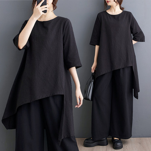 暗纹提花T恤女夏季新款大码宽松圆领中袖打底衫中长款不规则上衣