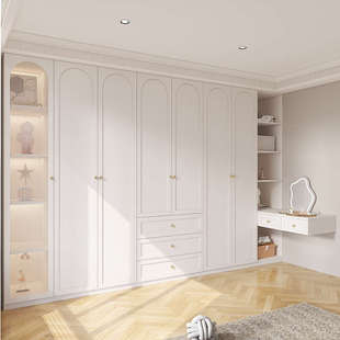 奶油风衣柜家用卧室梳妆台一体组合带H转角书桌玻璃门衣橱储物柜