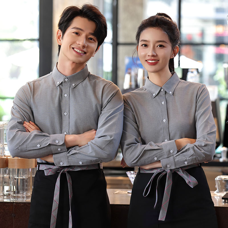 咖啡店工作服长袖衬衫餐饮奶茶西餐厅烘焙甜品营业店员衬衣印LOGO