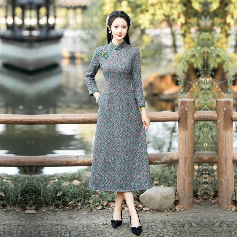 改良版旗袍有口袋长袖冬装小个子年轻加厚保暖日常连衣裙胖mm大码