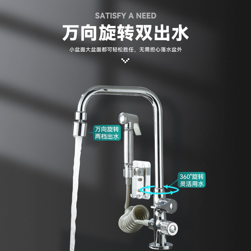 申得利精铜立式单冷一进二出双控多功能喷枪厨房菜盆可旋转水龙头