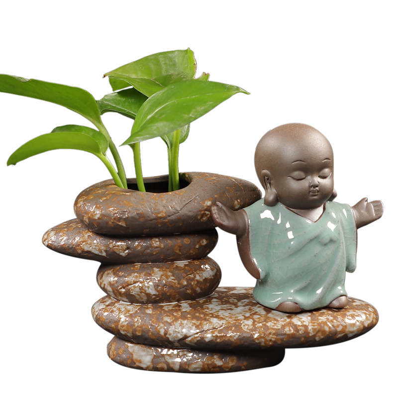 创意陶瓷花插水培花瓶禅意摆件佛堂家居饰品石头造型花器茶盘绿植
