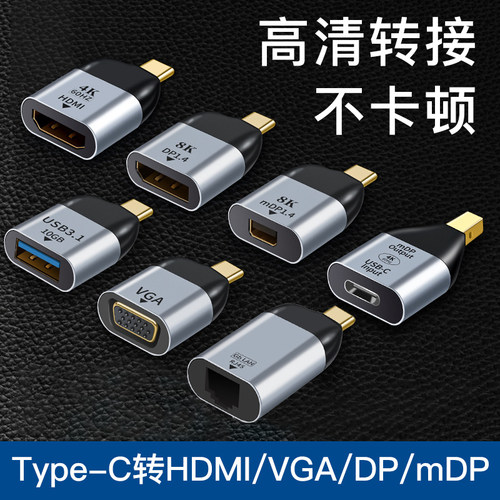 Typec转HDMI接口DP1.4转接头minidp转换器VGA投影仪RJ45网卡网线