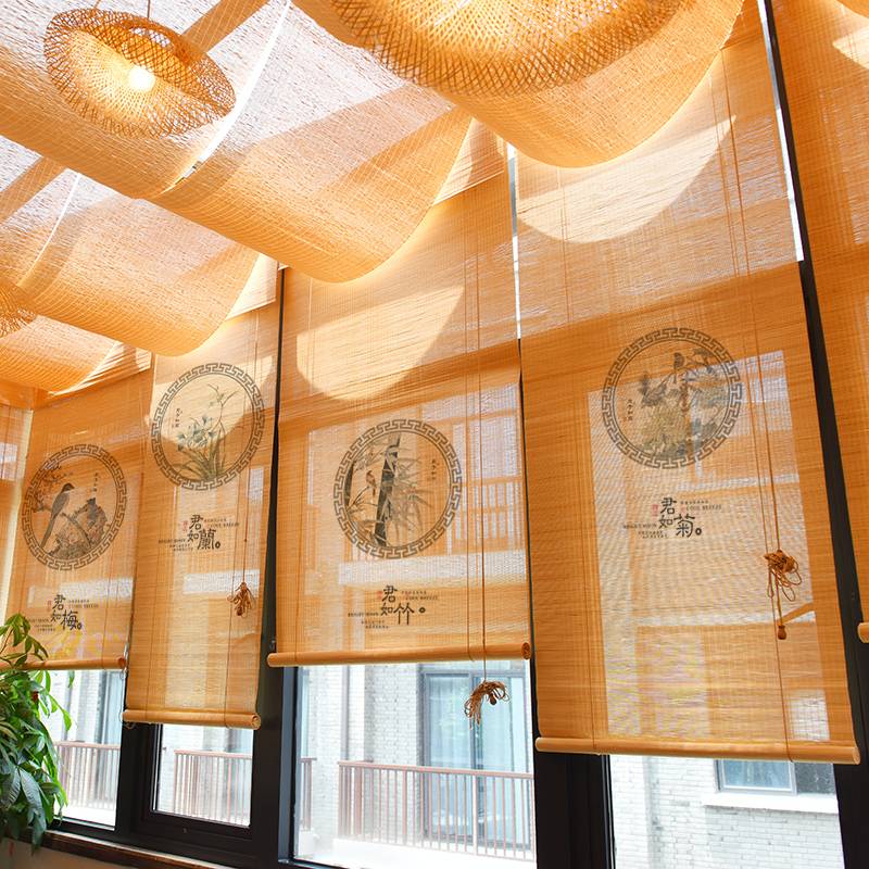 茶室隔断竹窗帘遮阳升降卷帘民宿酒店竹帘竹制竹编全遮光新中式